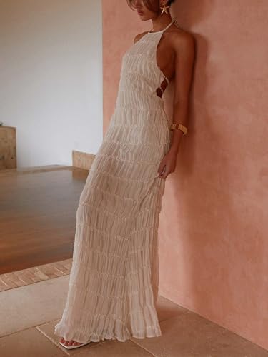 Image of Women Summer Halter Neck Maxi Dress Flowy Ruffle Tiered Sleeveless Sundress Boho Backless Spaghetti Strap Long Dress