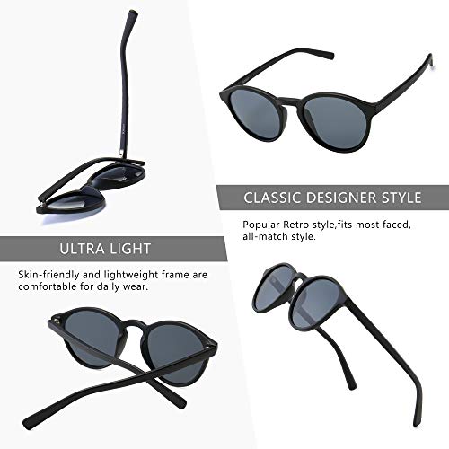 Sungait Women's Classic Vintage Round Polarized Sunglasses Retro Style Uv400(Black Frame(Matte Finish)/Grey Lens) K166Heikhu #TOP3
