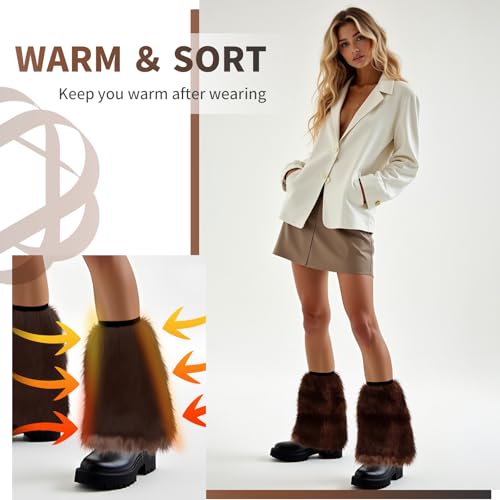Barelove Women's Faux Fur Leg Warmers, Plush Soft Furry Fluffy Winter Long Boot Cuff Wrist Covers Boots Sleeves (Brown, 7.9“)3
