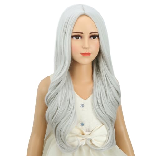 Image of Sliver Gray Wig Long Slive Grey Wavy Curly Wig Long Middle Part Wigs Heat Resistant Synthetic Wigs with Cap (Small Size)
