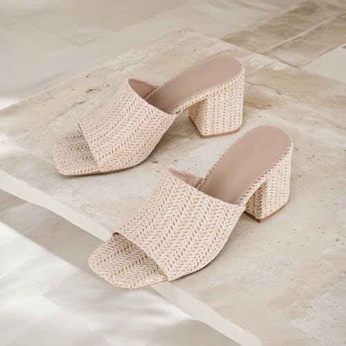 Image of Ancomafio Heeled Sandals for Women，Raffia Sandals 2026 Chunky Heels Square Toe Mules Block Summer Shoes Slip On