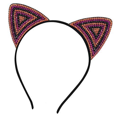 Orange, Black and Purple Sparkling Rhinestone Cat Ears Halloween Headband One Size, All Ages
