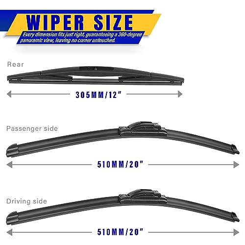 Image of 3 wipers Replacement for 2003-2009 Honda Element /2009-2014 Nissan Cube, Windshield Wiper Blades Original Equipment Replacement - 20 inch /20 inch /12 inch (Set of 3) U /J HOOK