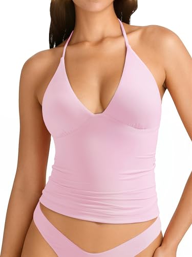 SUUKSESS Women Double Lined Halter Tank Top Summer Padded Deep V Neck Going Out Tops Sleeveless Basic Shirts