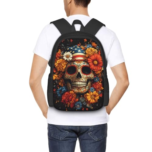 Image of Floral Skull Print Backpack For Men Women Lightweight Daypack For Daily Commutes Business Travel Hiking