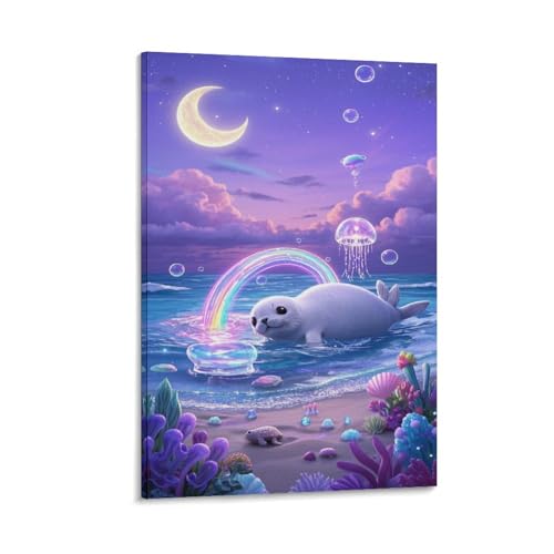 Décor mural en toile 3D phoque mignon pour cuisine et bureau 30x45cm