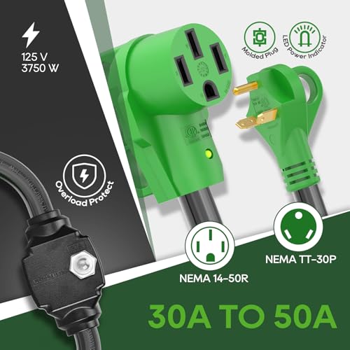 Image of RVGUARD Overload Protector 30 Amp to 50 Amp RV Adapter Cord | NEMA TT-30P to NEMA 14-50R Electrical Power Adapter with Circuit Breaker, 18 Inch, Green, ETL Listed