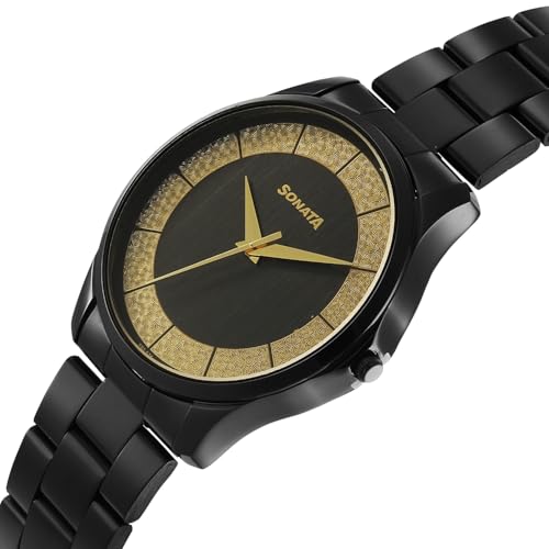 Image of Sonata Traditional Essentials Quartz Black Gold Round Dial Men's Watch | Analog Watch | Watches for Men Analog - 77163NM01W
