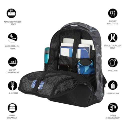 Image of Arctic Fox Ranger Anti-Theft Backpack with USB Charging Port | 35 Ltr Capacity | Multipurpose Backpack |Rain Cover | Number Lock | 15.5 Inch Laptop Backpack (Camo Grey)