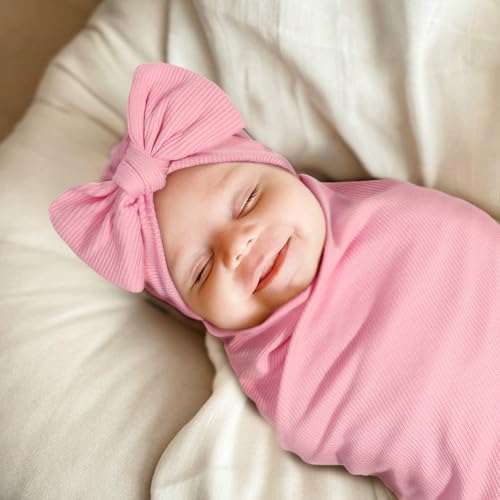 Image of DRESHOW BQUBO Baby Girl Newborn Receiving Blankets with Bow Hat Headband Wooden Birth Announcement Card Set Newborn Baby Swaddle Wrap Set Warm Shower Gift