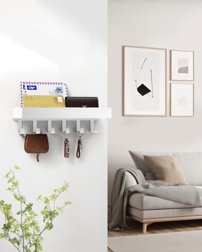 Image of Key Holder Wall Mount Magnetic Adhesive, Key Hooks Rack with Shelf | Key Hanger with Mail Organizer for RV Camper Fridge Living Room Decor, Home Essentials, White