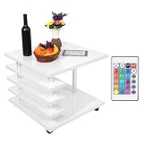 Couchtisch Weiß Hochglanz, Mobiler Beistelltisch Nachttisch mit mit Led Licht und Rollen Kaffeetisch Telefontisch mit 4 Universalrollen, für Wohnzimmer Hotel 60 x 60 x 50 cm