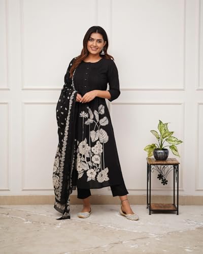 Image of GoSriKi Women's Viscose Anarkali Kurta Set with Dupatta | Anarkali Suit for Women Cotton | Kurta Palazzo Dupatta Set | 3 Piece Ethnic Wear for Festival & Party | Anarkali Suit for Women
