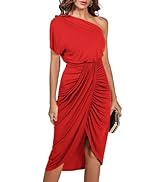 Umenlele Women’s One Shoulder Ruched Wrap Split Hem Drape Bodycon Party Midi Dress