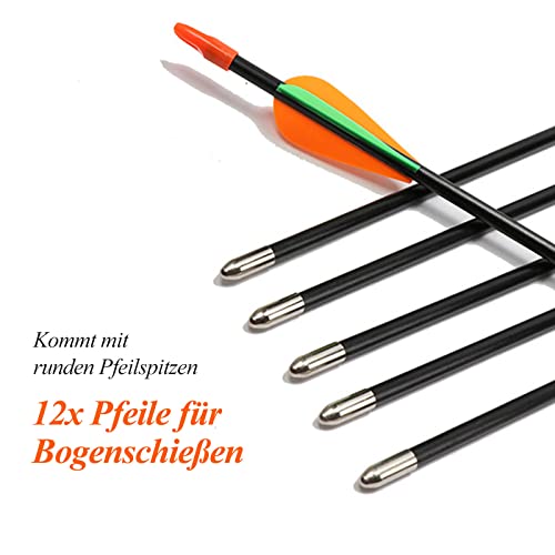 Pfeile für Bogenschießen Kinder,12er Set aus Fiberglas mit Spitze Metal Kinder Bogen 28 Zoll