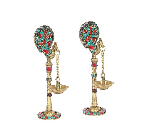 Image of Two Moustaches Gemstone Work Peacock Design 9 Inches Brass Hanging Diya Pair, Brass Diyas for Decoration, Brass Oil Lamp, Brass Diya for Puja, Standard, Pack of 2