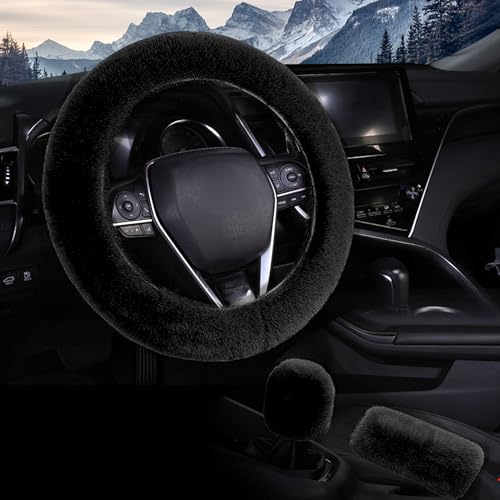 Couvre Volant Voiture, Taozoey 3 PCS Couvre Volant, Universel Couvre Volant en Peluche Souple Anti-dérapant Cache de Volant Housse de Volant d'hiver 36–39 cm (Noir)