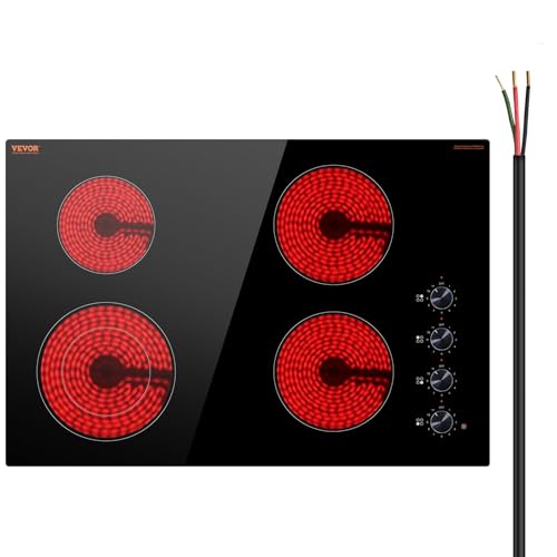VEVOR Electric Ceramic Cooktop, Built-in Electric Stove Top, with Glass Panel, Knob Control, 11 Heat...