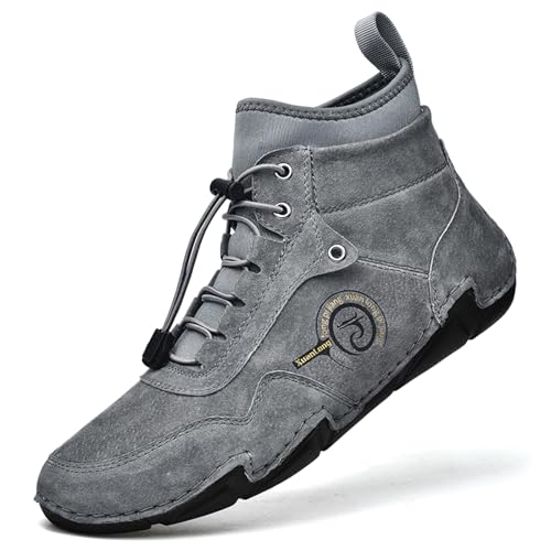 Lossarye Men's Handmade Suede Casual Chukka Boots Adjustable Waterproof Non-Slip Outdoor High Top Boots Slip-on Walking Driving Beck Shoes