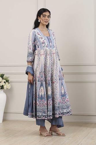 Image of Biba Printed Cotton A-Line Festive Kurta With Palazzo and Dupatta