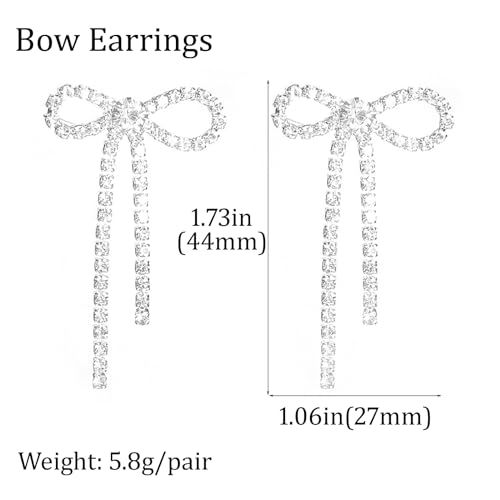 Bow Earrings for Women Rhinestone Long Tassel Earrings Ribbon Bow Drop Earring Silver Stainless Steel Dangle Earrings Cute Sparkly Jewelry3