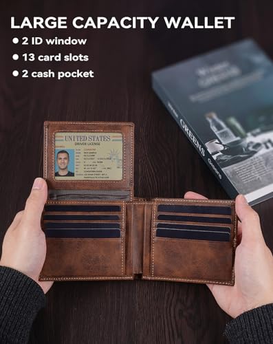Image of Swallowmall Wallet for Men RFID Blocking Genuine Leather Mens Wallets Bifold with 2 ID Window 13 Card Slots brown-417