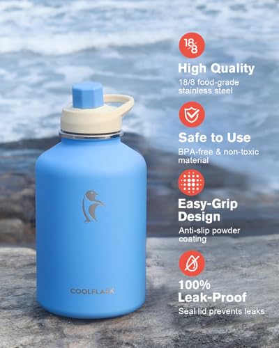 Image of Coolflask 64 oz Water Bottle Insulated with PU Leather Sleeve & 3 Lids