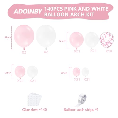 Image of Pink and White Balloon Arch Kit, ADOINBY 140Pcs Macaron Pink Balloon Matte White Balloon 18 12 10 5 Inch Different Size Balloons for Engagement Wedding Birthday Baby Shower Gender Reveal Decorations