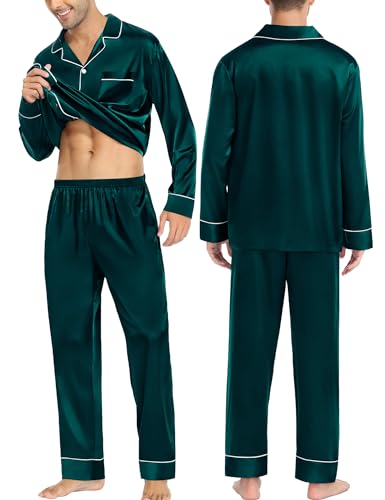 SWOMOG Couples Matching Pajamas Sets Women & Men Silk Satin Long Sleeve Button Down Sleepwear 2 Pcs Classic Loungewear Women Deep Green XX-Large3