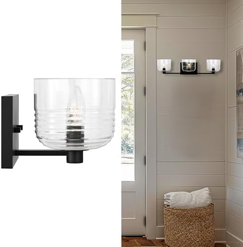 Scott Living 3-Light Lochdale Modern Wall Sconce in Midnight Black Finish with Clear Ribbed Shade DJV1113MBK, Stylish Wall Light Enhances Bedroom and Bathroom Wall Decor with Elegant Vanity Lighting