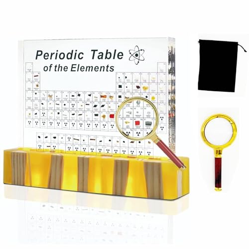 Image of Periodic Table with Real Elements Inside,Acrylic Periodic Table Display with 83 Real Elements Samples with Wooden Stand,Craft,Teaching Tool,Gift for Kid,Students,Teacher,Science Lovers Amber Base