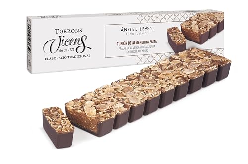 Turrón de Almendra Frita by Ángel León 300g en Estuche – Torrons Vicens | Turrón gourmet de almendra salada con chocolate negro | Contraste intenso y textura crujiente con sabor innovador