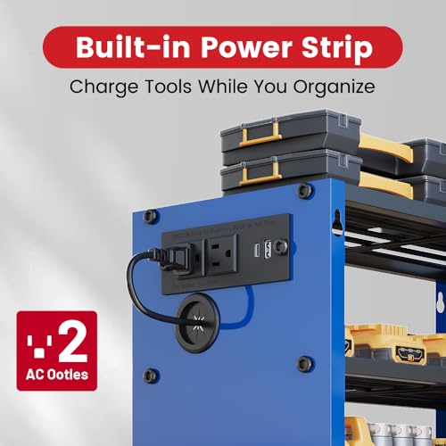 Image of 4-Tier Power Tool Organizer, Built-in 2-Outlet Charging Station for Small Garages,400lb Capacity 12mm Steel Drill Holder & Battery Storage for DIY Workshops (4 Slots with 2 Outlets Power Strip)
