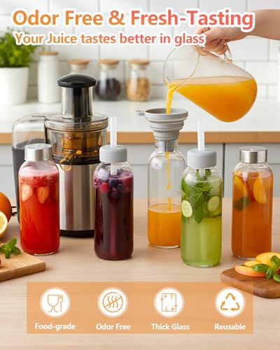 Image of Zukro 12 oz Glass Juice Bottles with Lids, Airtight & Leak proof, Reusable Clear Small Glass Bottle With Stainless Steel Cap for Juicing, Water, Smoothie & Milk, Dishwasher Safe & BPA Free, 8 Pack
