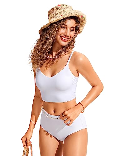 Image of CRZ YOGA V Shaped Longline Bikini Tops | Built-in Pads, A-D Cup, Cropped, Adjustable Spaghetti Straps, Swim, Bathing Suit for Women