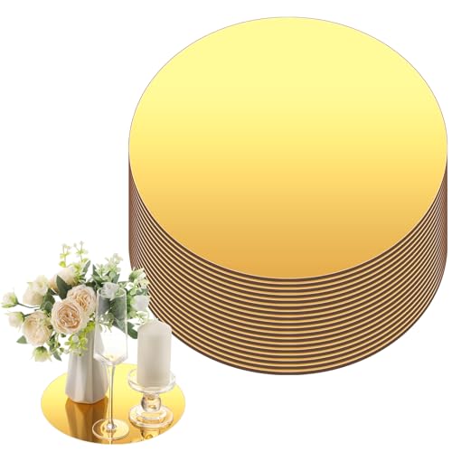 Image of Thyle 20 Pcs 10 Inch Acrylic Round Mirrors for Tables Centerpieces Circle Mirrors Candle Plates for Wall Wedding Table Centerpieces for Baby Shower Party, Thickness 1 mm (Gold)