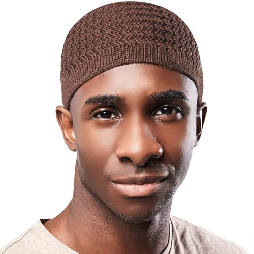 Brown crochet kufi cap with rounded crown — the 100% cotton claim option in a warm neutral.