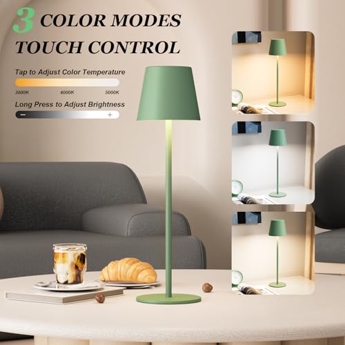 Image of Kakanuo Cordless Table Lamp Rechargeable Green - KK 2 Pack 5000mAH Battery Operated Lamp for Dining Table, 3 Color Stepless Dimming Wireless Lamp for Counter, Outdoor Patio, Touch Control