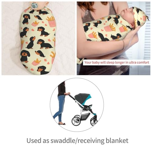 Image of Cartoon Adorable Dachshunds Newborn Swaddle Blankets Hat Sets Soft Baby Receiving Blanket Swaddle Sack for Baby Shower Infant Boy Girl Gift