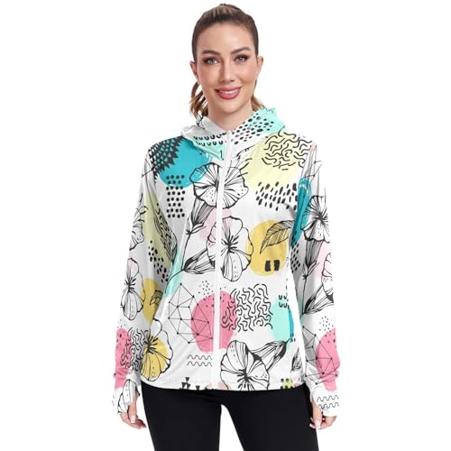 Tropical Flower Art Women's UPF 50+ Sun Protection UV Jacket - Zip Up Hoodie Long Sleeve Hiking Fishing SPF Performance Shirt with Pockets Thumbhole