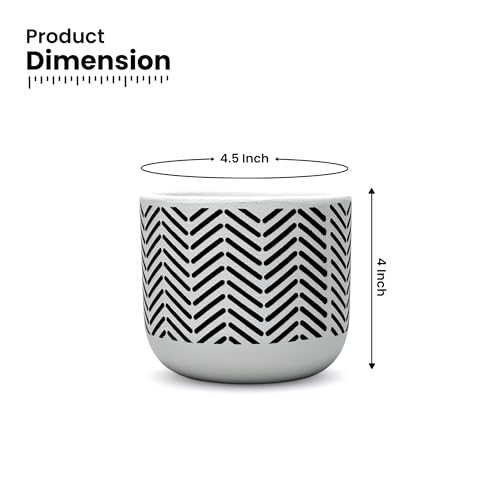 Image of Urban Plant White Chevron Handcrafted Terracotta Planter | Monochrome Indoor Clay Pot for Living Room | Artisan Decorative Flower Pot | Modern Minimal Home Decor | Drainage Hole | 4-6 Inch