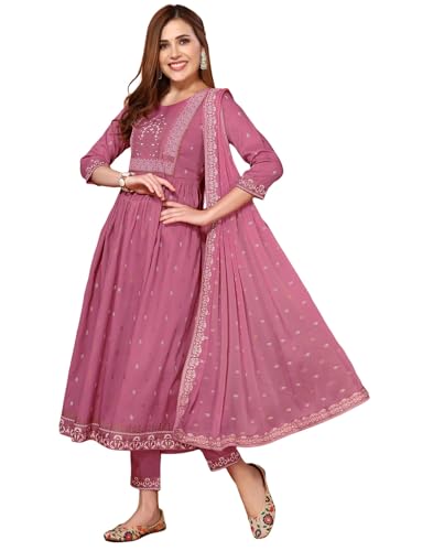 SKYLEE Women's Silk Blend Pigment Print, Foil Print and lace Anarkali Kurta with Pant & Dupatta (66KBD755C-S_Dusty Pink)