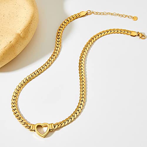 Loqimu Flat Cuban Link Chunky Chain Necklace Gold Stainless Steel Hollow Heart Charms Choker Clavicle Jewelry for Women Teen Girls2