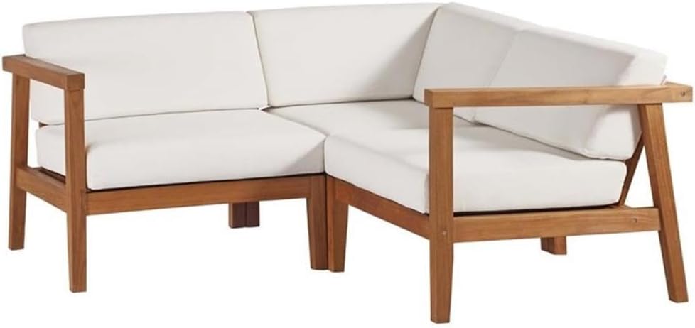 3-Piece Patio Sectional Sofa, Solid Teak Wood, Natural and White Finish, Water and UV-Resistant Cushions, Machine Washable Covers, Slanted Back Design, Outdoor Seating Set