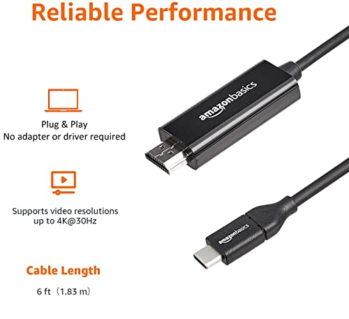Image of Amazon Basics USB-C to HDMI Cable Adapter, Thunderbolt 3 Compatible, 4K@30Hz, Plug and Play, 6-Foot, Black