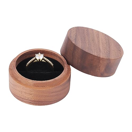FINGERINSPIRE Round Wood Ring Box with Black Velvet Inside - 4.9x3.5cm Coconut Brown Wooden Jewelry Ring Box for Proposal, Engagement, Wedding, Valentine's Day