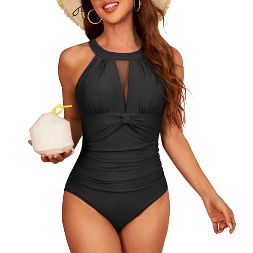 Zando High Neck Swimsuits for Women 2025 Mesh Tummy Control One Piece Swimsuit Bathing Suit