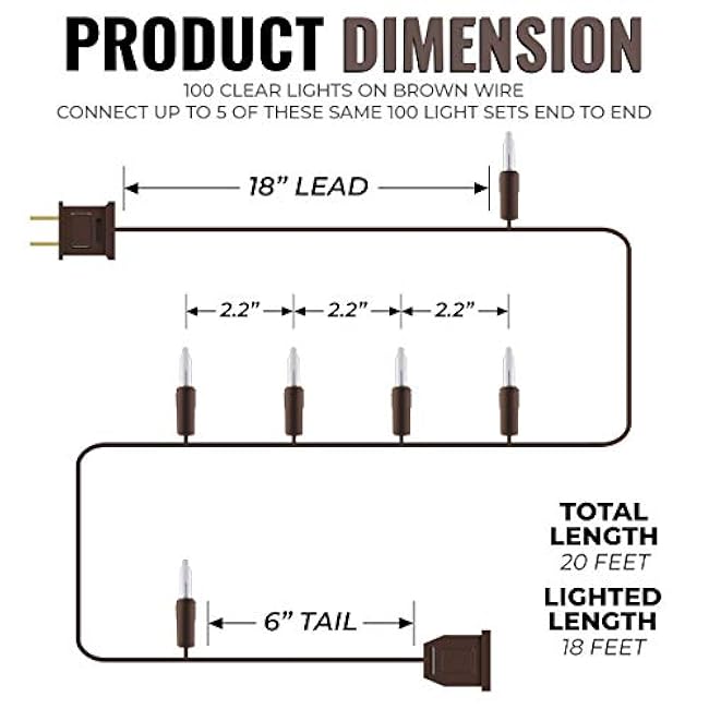 612 Vermont 100 Clear Mini Christmas String Lights on Brown Wire Cord, UL Approved for Indoor/Outdoor Use, 18 Foot of Lighted Length, 20 Foot of Total Length (Pack of 2)