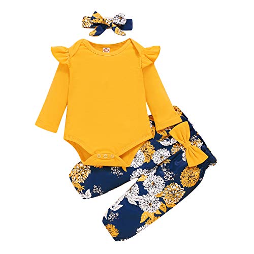 Newborn Baby Girl Clothes Ruffle Sleeve Romper Infant Girl Clothes Newborn Onesie Floral Pants Cute Baby Girl Outfits Yellow 0-3 Months Baby Girl Clothes