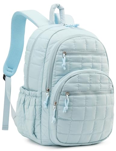 Image of Bookbag for Women, Teen Girls Backpack for High School College Student, Puffer Quilted Back Pack Cute Laptop Backpack for Work Travel Mom Casual Daypack, Blue